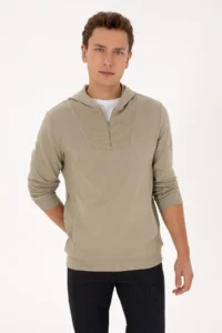 US Polo Assn. Men Regular Fit Half Zippered Hooded Light Khaki Sweatshirt - Image 3