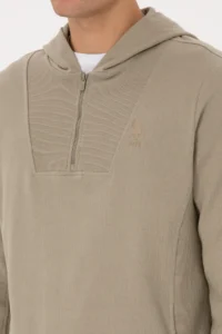 US Polo Assn. Men Regular Fit Half Zippered Hooded Light Khaki Sweatshirt - Image 7