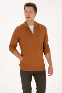 US Polo Assn. Men Regular Fit Half Zippered Hooded Camel Sweatshirt