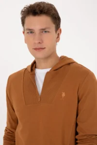 US Polo Assn. Men Regular Fit Half Zippered Hooded Camel Sweatshirt - Image 2