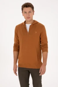US Polo Assn. Men Regular Fit Half Zippered Hooded Camel Sweatshirt - Image 3