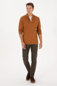 US Polo Assn. Men Regular Fit Half Zippered Hooded Camel Sweatshirt - Image 4