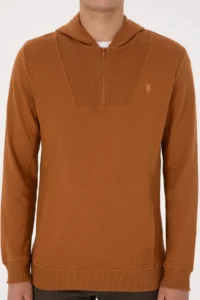 US Polo Assn. Men Regular Fit Half Zippered Hooded Camel Sweatshirt - Image 6