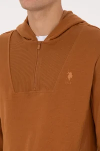 US Polo Assn. Men Regular Fit Half Zippered Hooded Camel Sweatshirt - Image 7