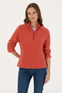 US Polo Shirt Assn. Women Brick Red Zippered Dog collar Fleece Sweatshirt - Image 3
