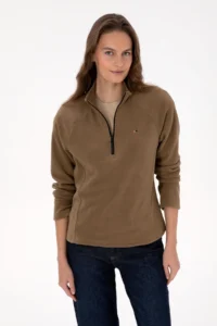 US Polo Shirt Assn. Women Khaki Zippered Dog collar Fleece Sweatshirt