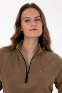 US Polo Shirt Assn. Women Khaki Zippered Dog collar Fleece Sweatshirt - Image 2