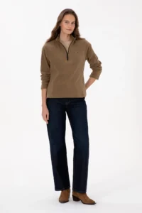 US Polo Shirt Assn. Women Khaki Zippered Dog collar Fleece Sweatshirt - Image 4