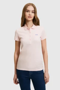 US Polo Shirt Assn. Women Light Pink Polo Shirt Shirt Collar Button Detailed Basic T-Shirt - Image 3