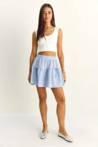 Bianco Lucci Women's 100% Cotton Elastic Waist Bow Detailed Striped Mini Skirt - Image 2