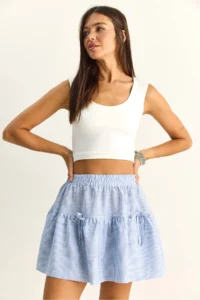 Bianco Lucci Women's 100% Cotton Elastic Waist Bow Detailed Striped Mini Skirt - Image 3