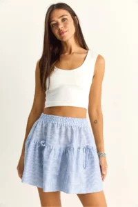Bianco Lucci Women's 100% Cotton Elastic Waist Bow Detailed Striped Mini Skirt - Image 4