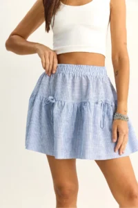Bianco Lucci Women's 100% Cotton Elastic Waist Bow Detailed Striped Mini Skirt - Image 5