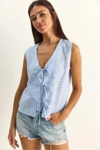 Bianco Lucci Women's 100% Cotton Thick Strap Front Tie Detailed Striped Peplum Blouse