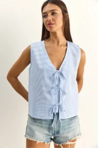 Bianco Lucci Women's 100% Cotton Thick Strap Front Tie Detailed Striped Peplum Blouse - Image 3