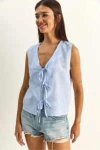 Bianco Lucci Women's 100% Cotton Thick Strap Front Tie Detailed Striped Peplum Blouse - Image 4