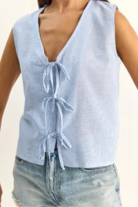 Bianco Lucci Women's 100% Cotton Thick Strap Front Tie Detailed Striped Peplum Blouse - Image 5