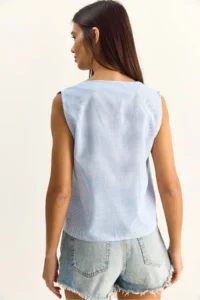 Bianco Lucci Women's 100% Cotton Thick Strap Front Tie Detailed Striped Peplum Blouse - Image 6