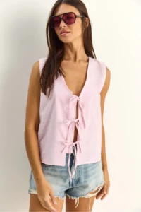 Bianco Lucci Women's 100% Cotton Thick Strap Front Tie Detailed Striped Peplum Blouse - Image 2