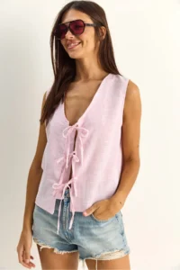Bianco Lucci Women's 100% Cotton Thick Strap Front Tie Detailed Striped Peplum Blouse - Image 3