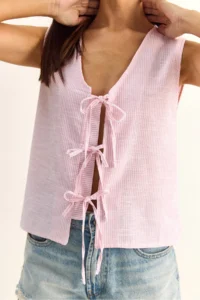 Bianco Lucci Women's 100% Cotton Thick Strap Front Tie Detailed Striped Peplum Blouse - Image 5