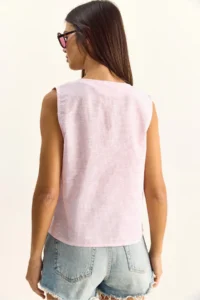 Bianco Lucci Women's 100% Cotton Thick Strap Front Tie Detailed Striped Peplum Blouse - Image 6