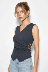 Bianco Lucci Women's Double Breasted Collar Gold Buckle Detailed Blouse 2303