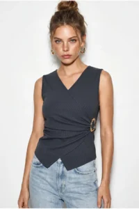 Bianco Lucci Women's Double Breasted Collar Gold Buckle Detailed Blouse 2303 - Image 4