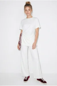 Bianco Lucci Women's Scarf Tie Detailed T-Shirt High Waist Trousers Bottom-Top Set 7630