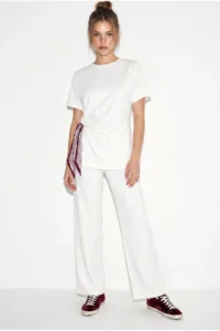 Bianco Lucci Women's Scarf Tie Detailed T-Shirt High Waist Trousers Bottom-Top Set 7630 - Image 3