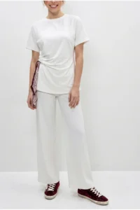 Bianco Lucci Women's Scarf Tie Detailed T-Shirt High Waist Trousers Bottom-Top Set 7630 - Image 5