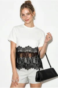 Bianco Lucci Women's Crew Neck Lace Detailed Comfortable T-Shirt 1074 - Image 2