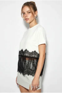 Bianco Lucci Women's Crew Neck Lace Detailed Comfortable T-Shirt 1074 - Image 4