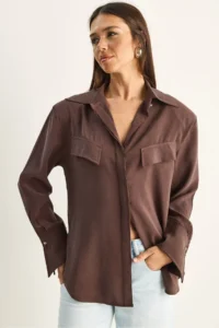 Bianco Lucci Women's Padded Cross Cover Detailed Asymmetric Wide Cuff Modal Shirt 4206