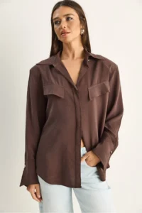 Bianco Lucci Women's Padded Cross Cover Detailed Asymmetric Wide Cuff Modal Shirt 4206 - Image 2