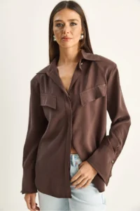 Bianco Lucci Women's Padded Cross Cover Detailed Asymmetric Wide Cuff Modal Shirt 4206 - Image 3