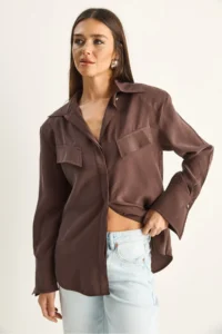 Bianco Lucci Women's Padded Cross Cover Detailed Asymmetric Wide Cuff Modal Shirt 4206 - Image 4