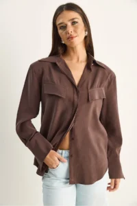 Bianco Lucci Women's Padded Cross Cover Detailed Asymmetric Wide Cuff Modal Shirt 4206 - Image 5