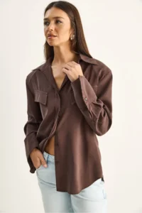 Bianco Lucci Women's Padded Cross Cover Detailed Asymmetric Wide Cuff Modal Shirt 4206 - Image 6