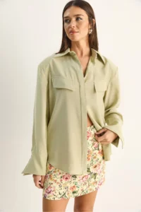 Bianco Lucci Women's Padded Cross Cover Detailed Asymmetric Wide Cuff Modal Shirt 4206