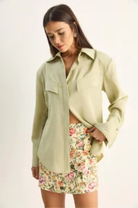Bianco Lucci Women's Padded Cross Cover Detailed Asymmetric Wide Cuff Modal Shirt 4206 - Image 2