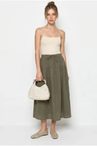 Bianco Lucci Women's Elastic Waist Lace-Up Muslin Midi Skirt YE4473