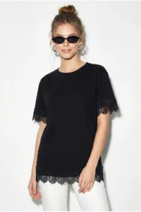 Bianco Lucci Women's Crew Neck Lace Detailed Oversize T-Shirt 2134 - Image 2