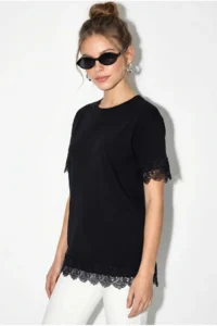 Bianco Lucci Women's Crew Neck Lace Detailed Oversize T-Shirt 2134 - Image 3