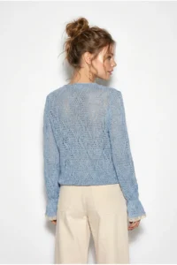 Bianco Lucci Women's Openwork Crew Neck Sleeves Flounced Lightly Flowy Knitwear Sweater - Image 4