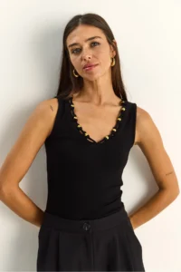 Bianco Lucci Women's Beaded Accessory V-Neck Stretchy Blouse ÖB261023 - Image 3