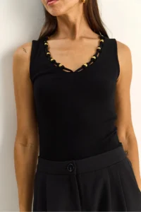 Bianco Lucci Women's Beaded Accessory V-Neck Stretchy Blouse ÖB261023 - Image 5