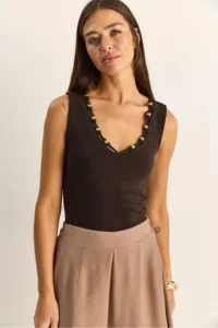 Bianco Lucci Women's Beaded Accessory V-Neck Stretchy Blouse ÖB261023 - Image 2