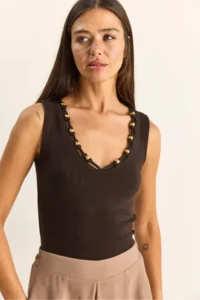Bianco Lucci Women's Beaded Accessory V-Neck Stretchy Blouse ÖB261023 - Image 4