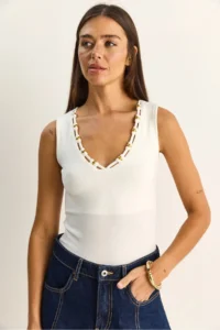 Bianco Lucci Women's Beaded Accessory V-Neck Stretchy Blouse ÖB261023 - Image 3